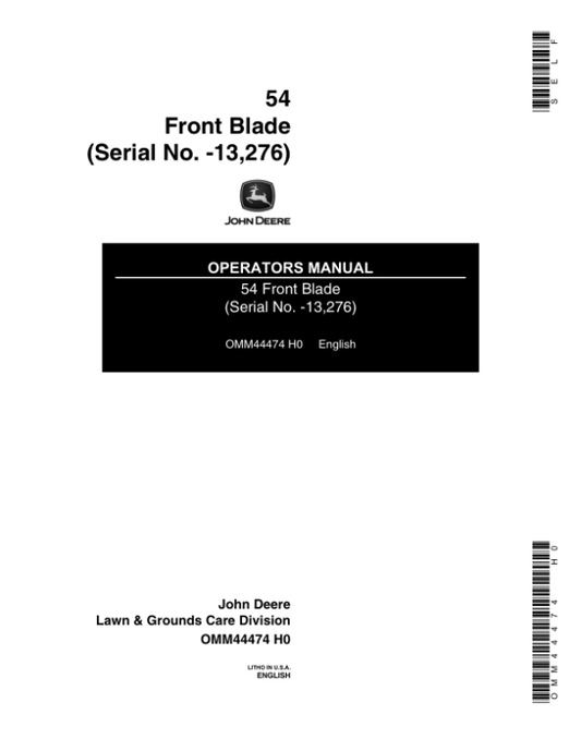 John Deere 54 Front Blade for 120, 140 Lawn & Garden Tractors (-013276) Operator’s Manual (OMM44474) Workshop Guide