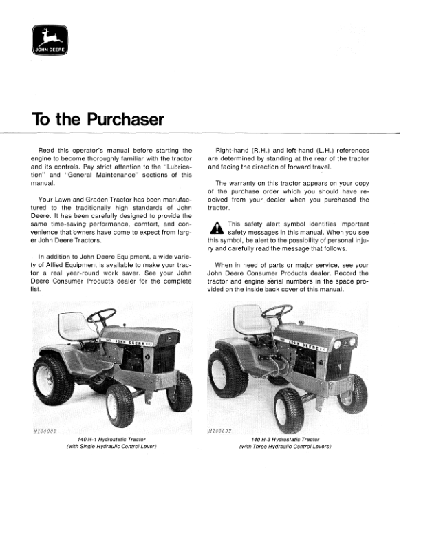 John Deere 140 Hydrostatic Tractor Operator’s Manual (OMM46182) Workshop Guide