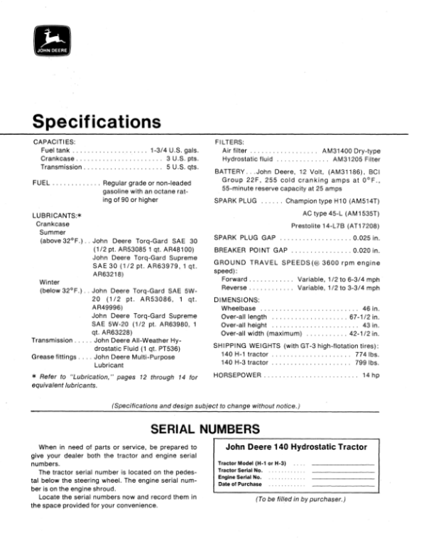 John Deere 140 Hydrostatic Tractor Operator’s Manual (OMM46861) Workshop Guide