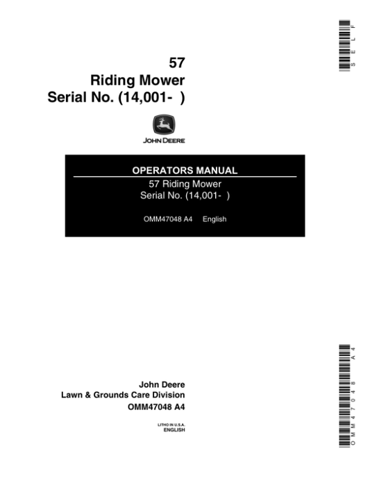 John Deere 57 Riding Mower (014001-) Operator’s Manual (OMM47048) Workshop Guide