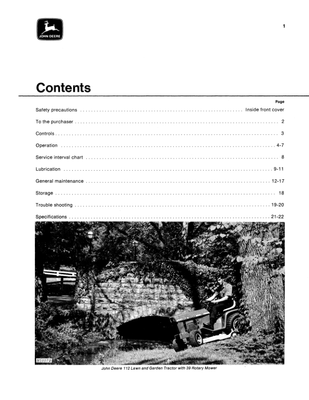 John Deere 112 Lawn & Garden Tractor (300001-) Operator’s Manual (OMM47702) Workshop Guide