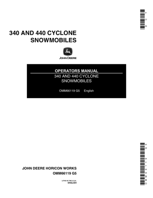 John Deere 340 & 440 Cyclone Snowmobiles North America (055001-080000) Operator’s Manual (OMM66119) Workshop Guide