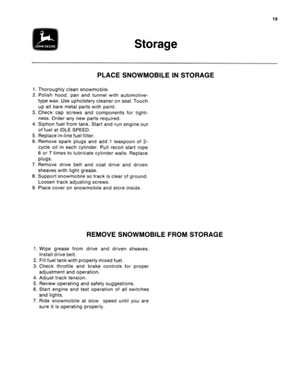 John Deere Spitfire Snowmobiles (000000-095000) Operator’s Manual (OMM67035) Workshop Guide