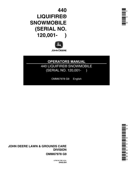 John Deere 440 Liquifire Snowmobile North America (120001-155000) Operator’s Manual (OMM67978) Workshop Guide
