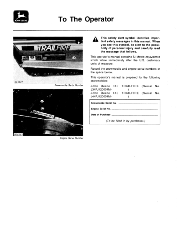 John Deere 340 & 440 Trailfire Snowmobiles (120001-155000) Operator’s Manual (OMM68491) Workshop Guide