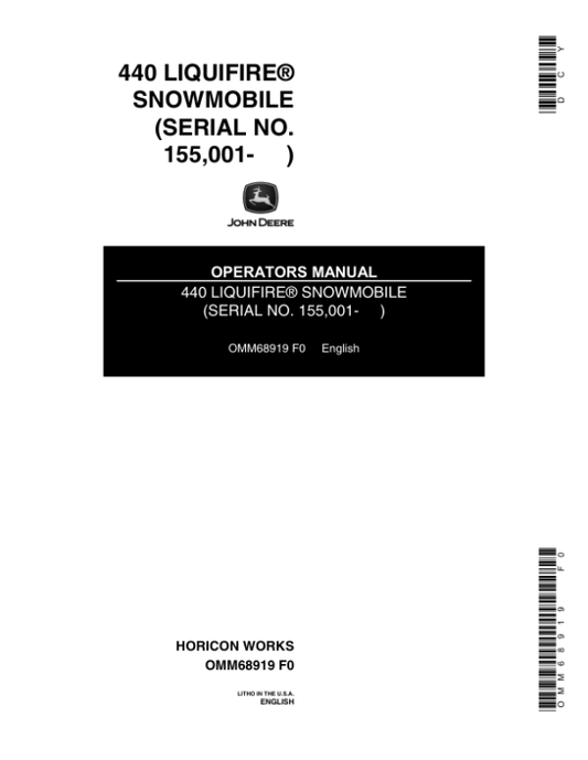 John Deere 440 Liquifire Snowmobiles (155001-190000) Operator’s Manual (OMM68919) Workshop Guide