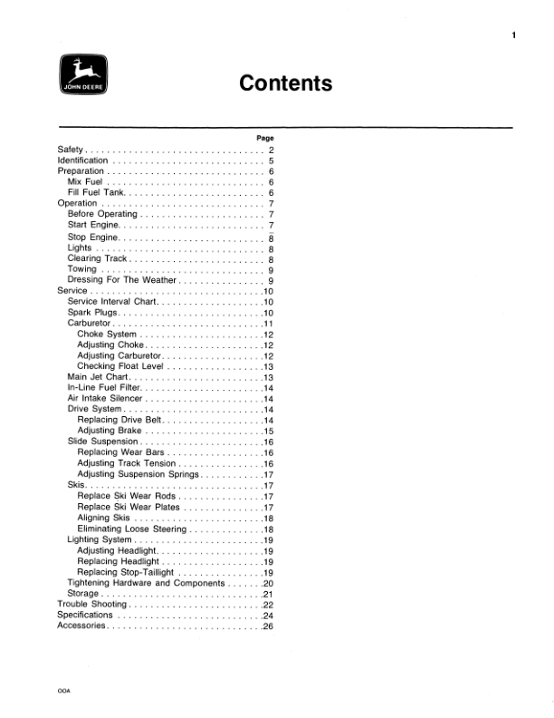John Deere Spitfire Snowmobiles (155000-190000) Operator’s Manual (OMM68928) Workshop Guide