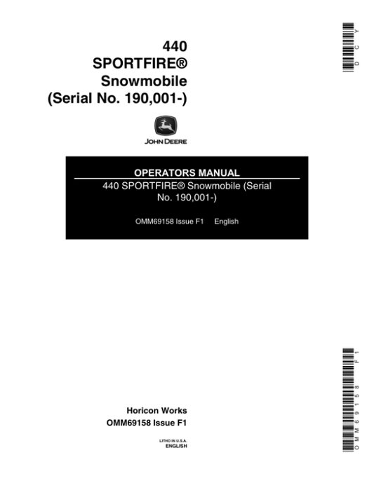 John Deere 440 Sportfire Snowmobiles (190001-222000) Operator’s Manual (OMM69158) Workshop Guide