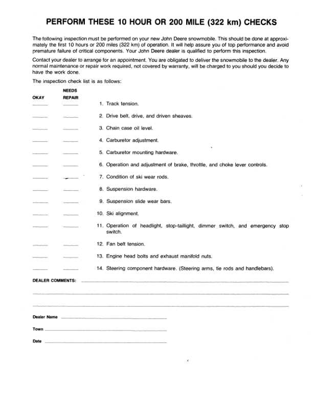 John Deere 340 Trailfire & Trailfire LX Snowmobiles (222001- ) Operator’s Manual (OMM69603) Workshop Guide