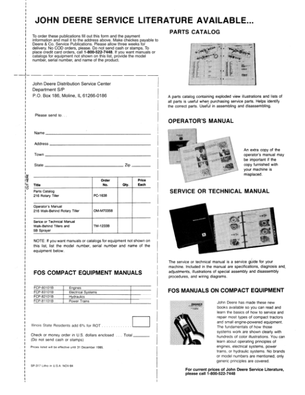 John Deere 216 Walk-Behind Rotary Tiller (525019-) Operator’s Manual (OMM70358) Workshop Guide