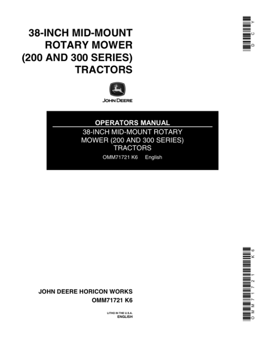 John Deere 38-Inch Mid-Mount Rotary Mower Operator’s Manual (OMM71721) Workshop Guide