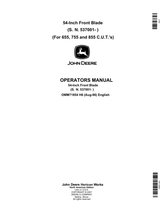 John Deere 54 Inch Front Blade (537001-610000) Operator’s Manual (OMM71854) Workshop Guide