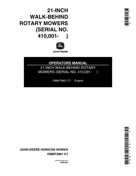 John Deere 2 Cycle, 4 Cycle Walk-Behind Mowers (410001-) Operator’s Manual (OMM73861) Workshop Guide
