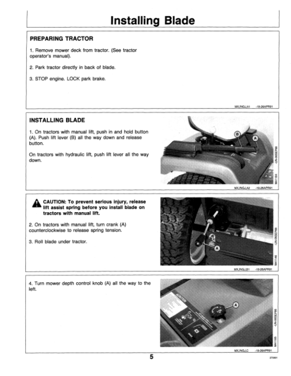 John Deere 46-Inch Front Blade for 240, 260, 265, 320 Tractors Operator’s Manual (OMM75659) Workshop Guide