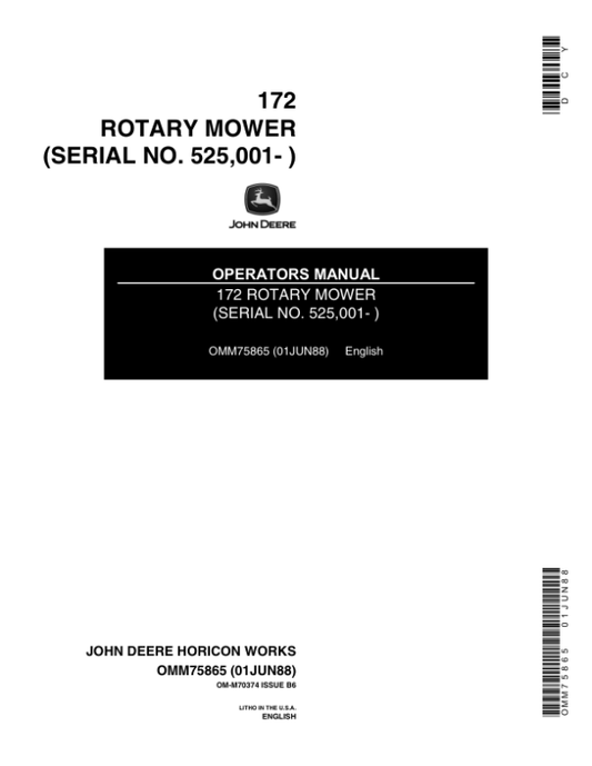 John Deere 172 Rotary Mower (525001-) Operator’s Manual (OMM75865) Workshop Guide