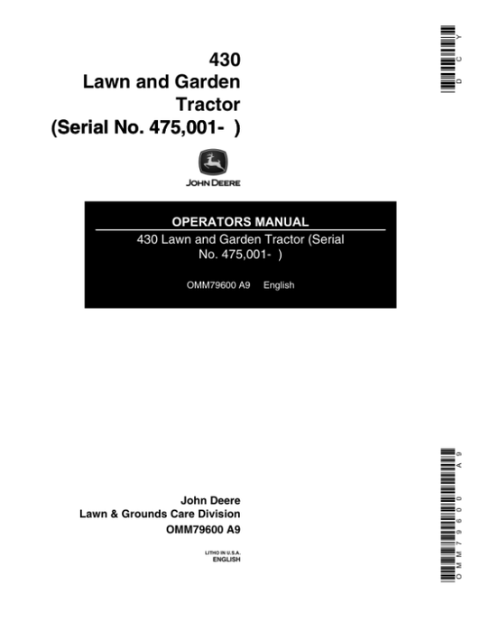 John Deere 430 Lawn & Garden Tractor (475001-) Operator’s Manual (OMM79600) Workshop Guide
