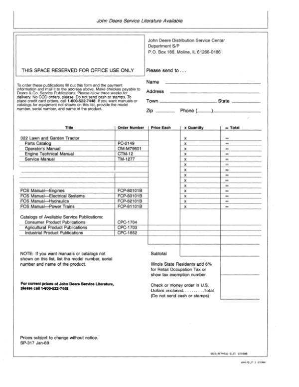 John Deere 322 Lawn & Garden Tractor (475001-) Operator’s Manual (OMM79601) Workshop Guide