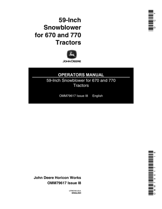 John Deere 59-Inch Snowblower (000000-099999) Operator’s Manual (OMM79617) Workshop Guide