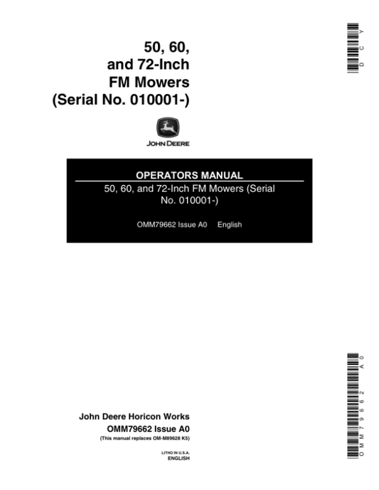 John Deere 50-, 60-, 72-Inch Front-Mount Mowers (010001-) Operator’s Manual (OMM79662) Workshop Guide