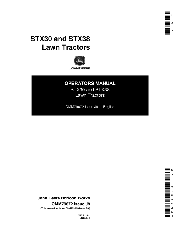 John Deere STX30 & STX38 Lawn Tractors Operator’s Manual (OMM79672) Workshop Guide