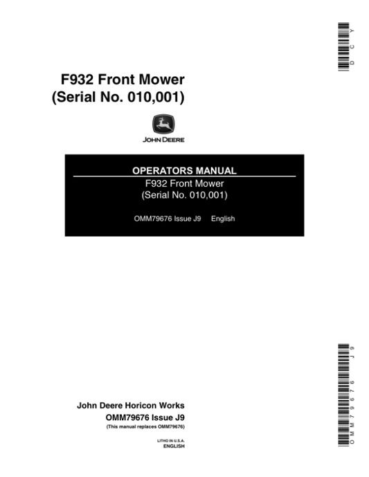 John Deere F912, F932 Front Mowers (010001-) Operator’s Manual (OMM79676) Workshop Guide
