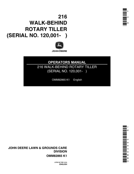John Deere 216 Walk-Behind Rotary Tiller (120001-) Operator’s Manual (OMM82865) Workshop Guide