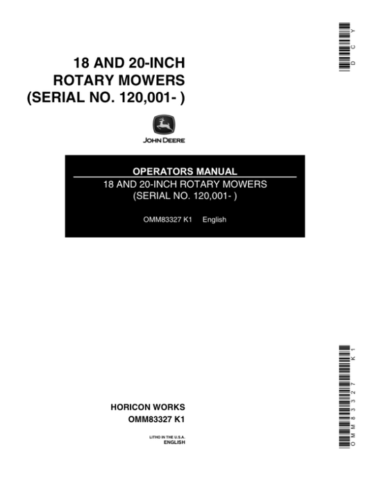 John Deere 18, 20-Inch Rotary Mowers (120001-) Operator’s Manual (OMM83327) Workshop Guide