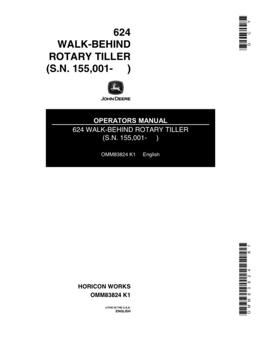John Deere 624 Walk-Behind Rotary Tiller (155001-) Operator’s Manual (OMM83824) Workshop Guide