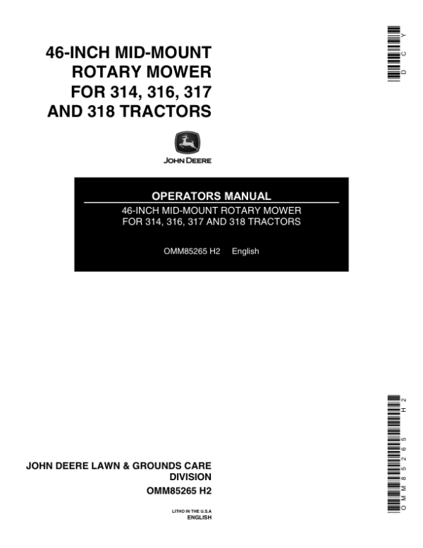 John Deere 46-Inch Mid-Mount Rotary Mower -300 Series Tractors (-525000) Operator’s Manual (OMM85265) Workshop Guide