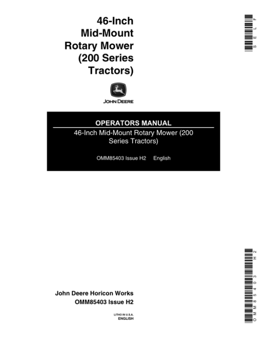 John Deere 46-Inch Mid-Mount Rotary Mower (-537000) Operator’s Manual (OMM85403) Workshop Guide