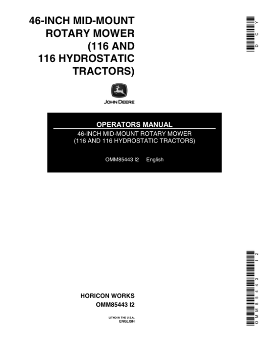 John Deere 46-Inch Midmount Rotary Mower Operator’s Manual (OMM85443) Workshop Guide
