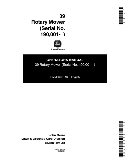 John Deere 39 Rotary Mower (190001-) Operator’s Manual (OMM86121) Workshop Guide