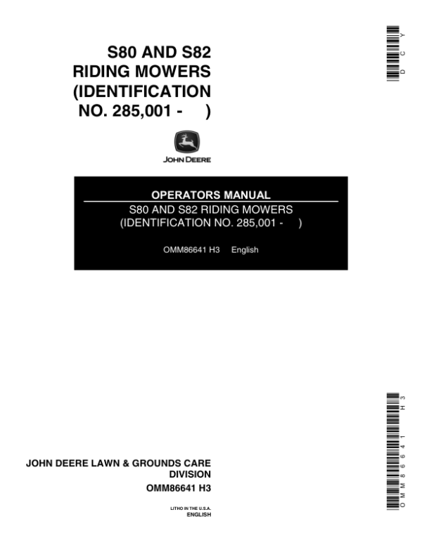 John Deere S80, S82 Riding Mowers Operator’s Manual (OMM86641) Workshop Guide