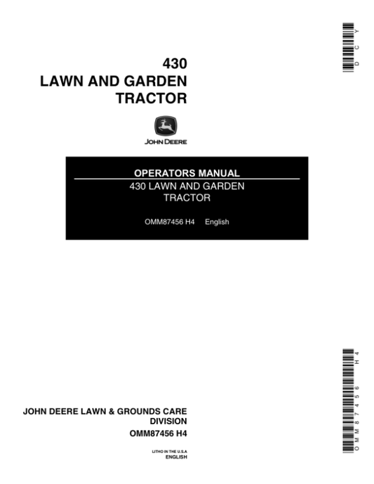 John Deere 430 Lawn & Garden Tractor Operator’s Manual (OMM87456) Workshop Guide