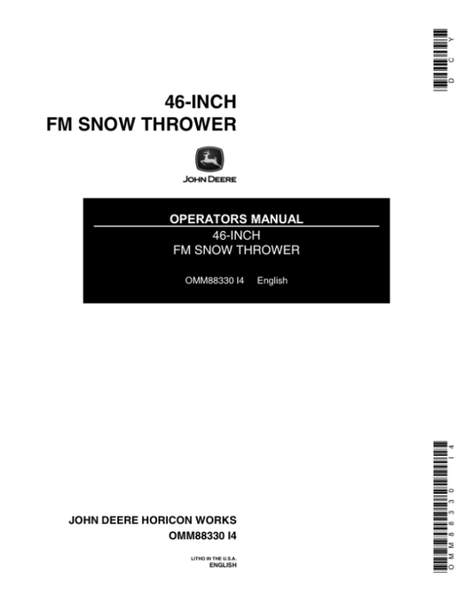 John Deere 46-Inch Front Mount Snow Thrower Operator’s Manual (OMM88330) Workshop Guide