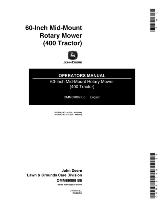 John Deere 60-Inch Rotary Mower for 400 Tractor Operator’s Manual (OMM89089) Workshop Guide