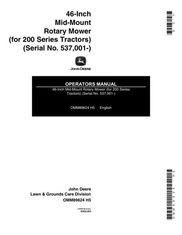 John Deere 46-Inch MM Mower, 200 Series Tractor Operator’s Manual (OMM89624) Workshop Guide