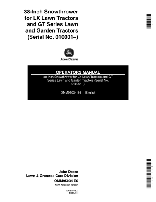 John Deere 38-Inch Snow Thrower, LX & GT Lawn Tractors Operator’s Manual (OMM95034) Workshop Guide