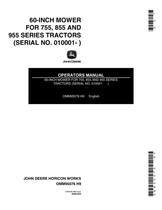 John Deere 60-Inch Front Mounted Mower Operator’s Manual (OMM95076) Workshop Guide
