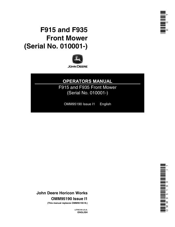John Deere F915 Front Mower Operator’s Manual (OMM95190) Workshop Guide