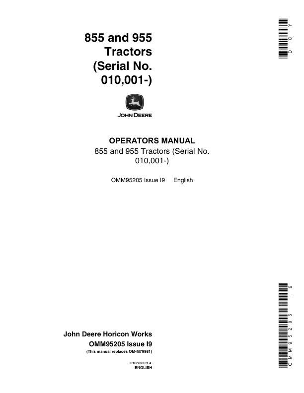 John Deere 855 & 955 Tractors (010001-) Operator’s Manual (OMM95205) Workshop Guide