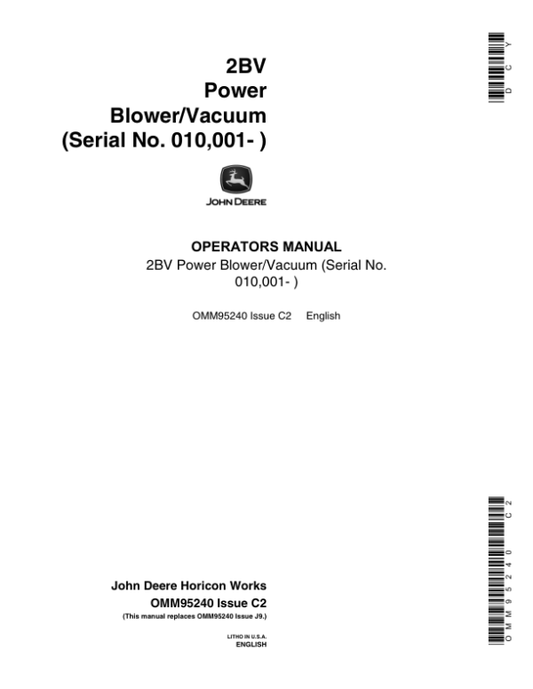 John Deere 2BV Vacuum Power Blower Operator’s Manual (OMM95240) Workshop Guide