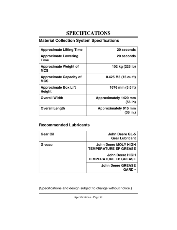 John Deere Hydraulic Dump Material Collection System (010001-) Operator’s Manual (OMM95292) Workshop Guide