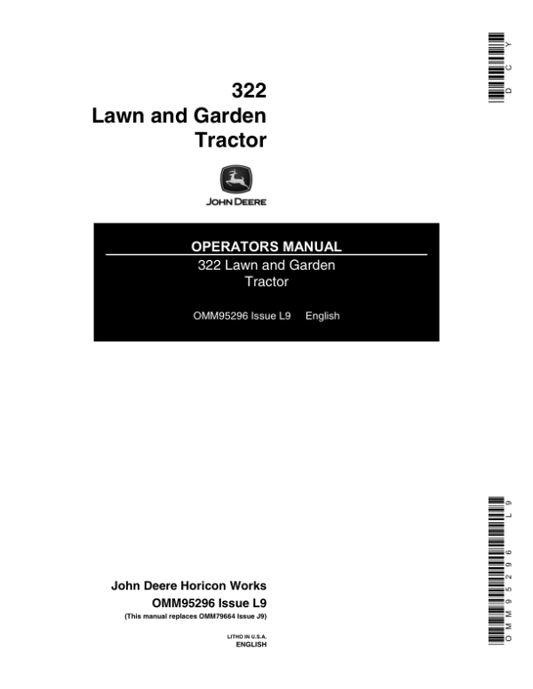 John Deere 322 Lawn & Garden Tractor Operator’s Manual (OMM95296) Workshop Guide