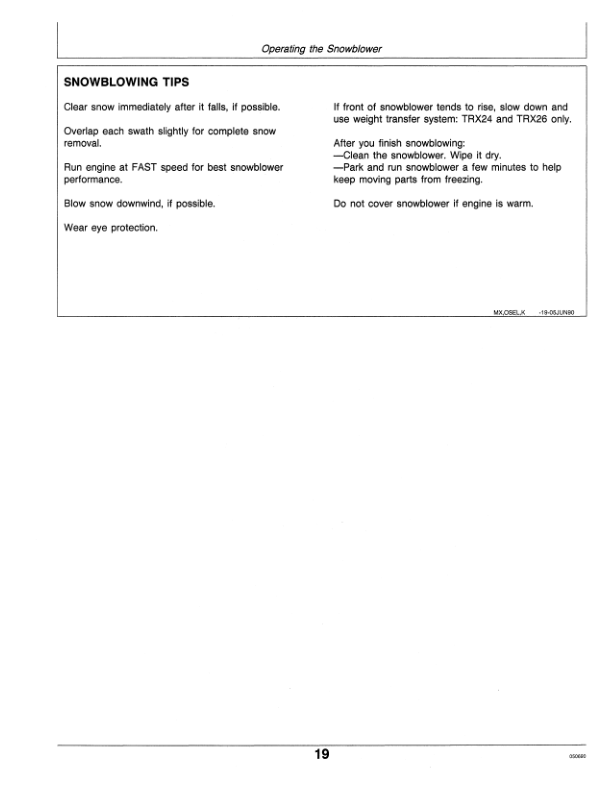 John Deere TRS24, TRS26, TRX24 & TRX26 Walk-Behind Snow Blowers Operator’s Manual (OMM95308) Workshop Guide