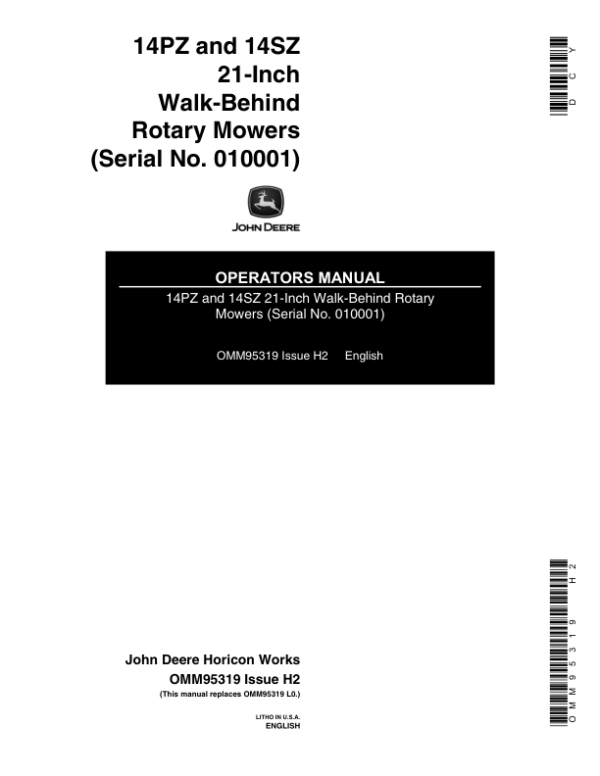 John Deere 14PZ, 14SZ Rotary Mowers (010001-) Operator’s Manual (OMM95319) Workshop Guide
