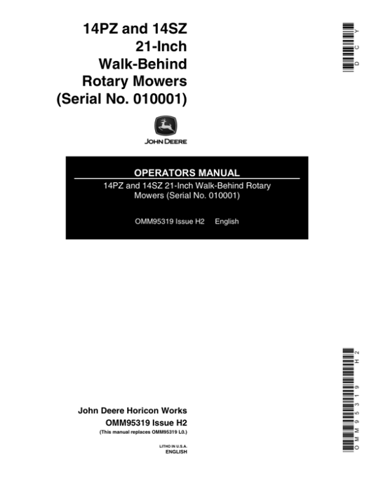 John Deere 14PZ, 14SZ Rotary Mowers (010001-) Operator’s Manual (OMM95319) Workshop Guide