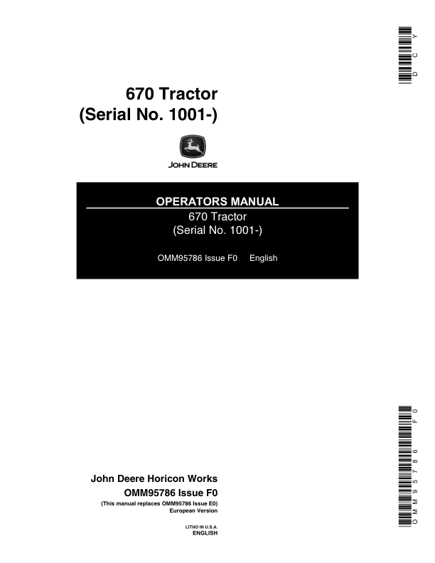 John Deere 670 Tractor (001001-) Operator’s Manual (OMM95786) Workshop Guide