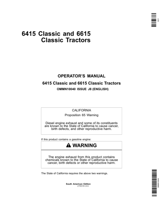 John Deere 6415, 6615 Classic Tractors Operator’s Manual (OMMN10040) Workshop Guide