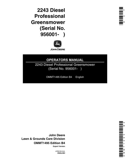 John Deere 2243 Diesel Professional Greensmower Operator’s Manual (OMMT1495) Workshop Guide